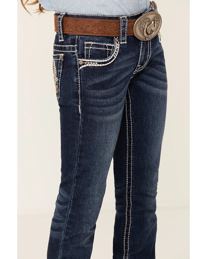 Shyanne Little Girls' Dark Wash Horseshoe Pocket Bootcut Stretch Denim Jeans