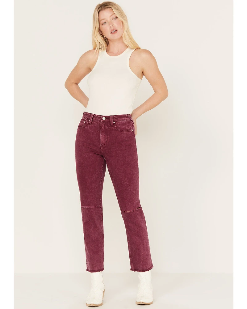 Cleo + Wolf Women's High Rise Distressed Knee Slim Stretch Straight Jeans