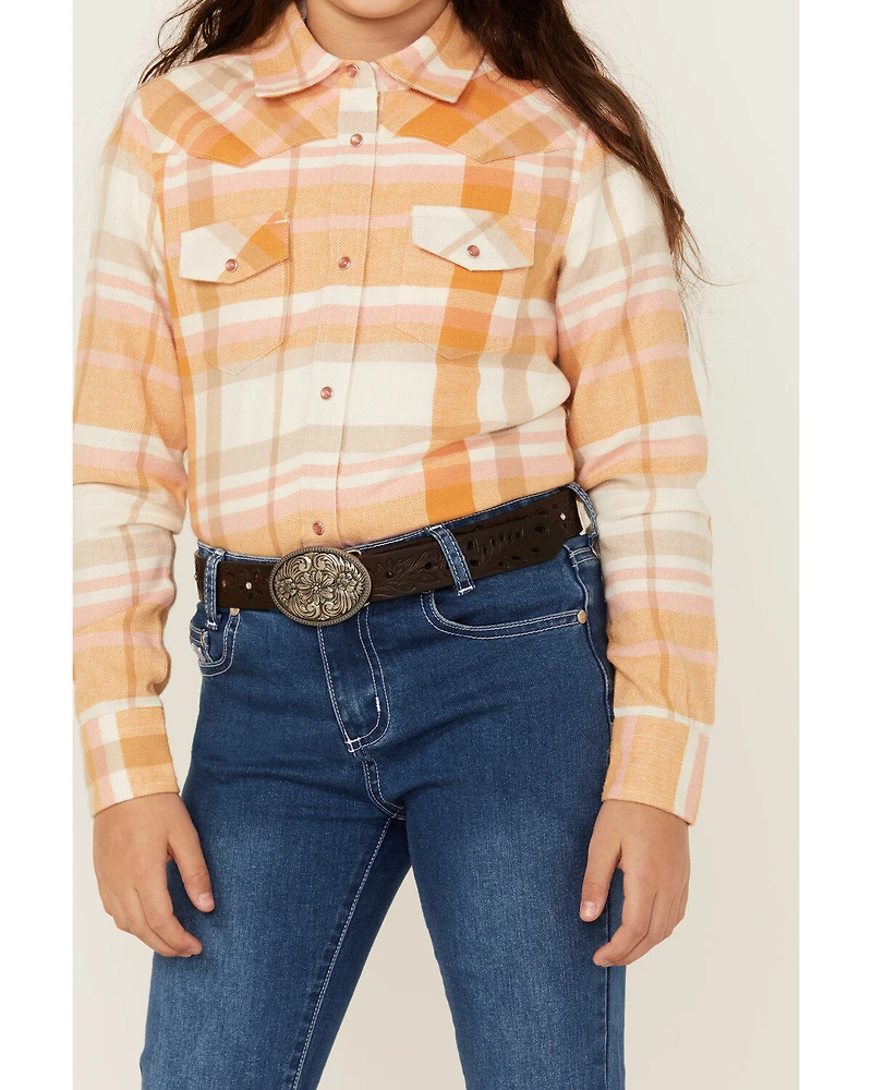 Shyanne Girls' Oak Plaid Print Long Sleeve Pearl Snap Flannel Shirt