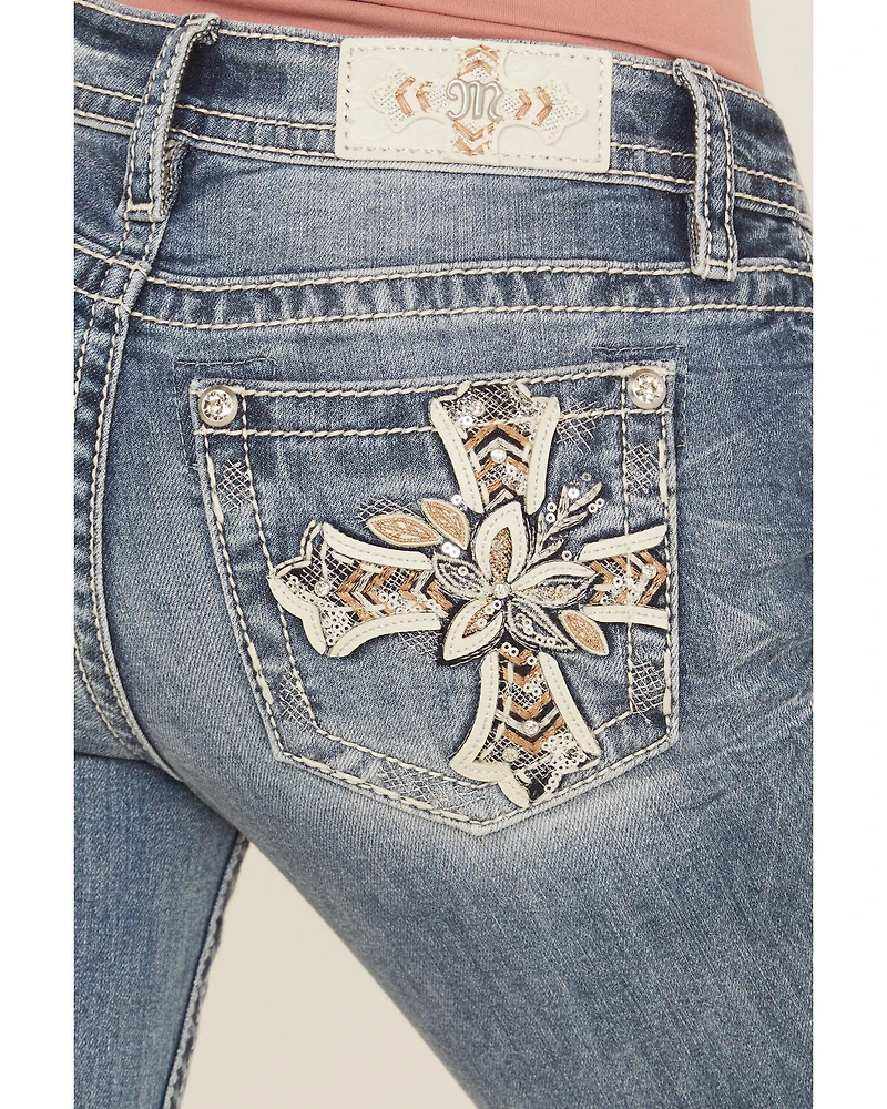 Miss Me Women's Dark Wash Mid Rise Floral Cross Pocket 32" Bootcut Stretch Denim Jeans
