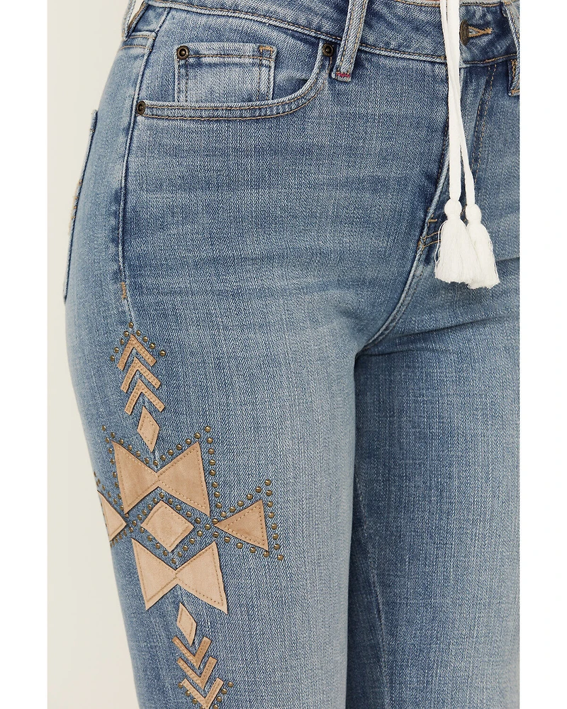 Idyllwind Women's Ellis Medium Wash Gypsy High Rise Faux Suede Embellished Bootcut Comfort Stretch Denim Jeans