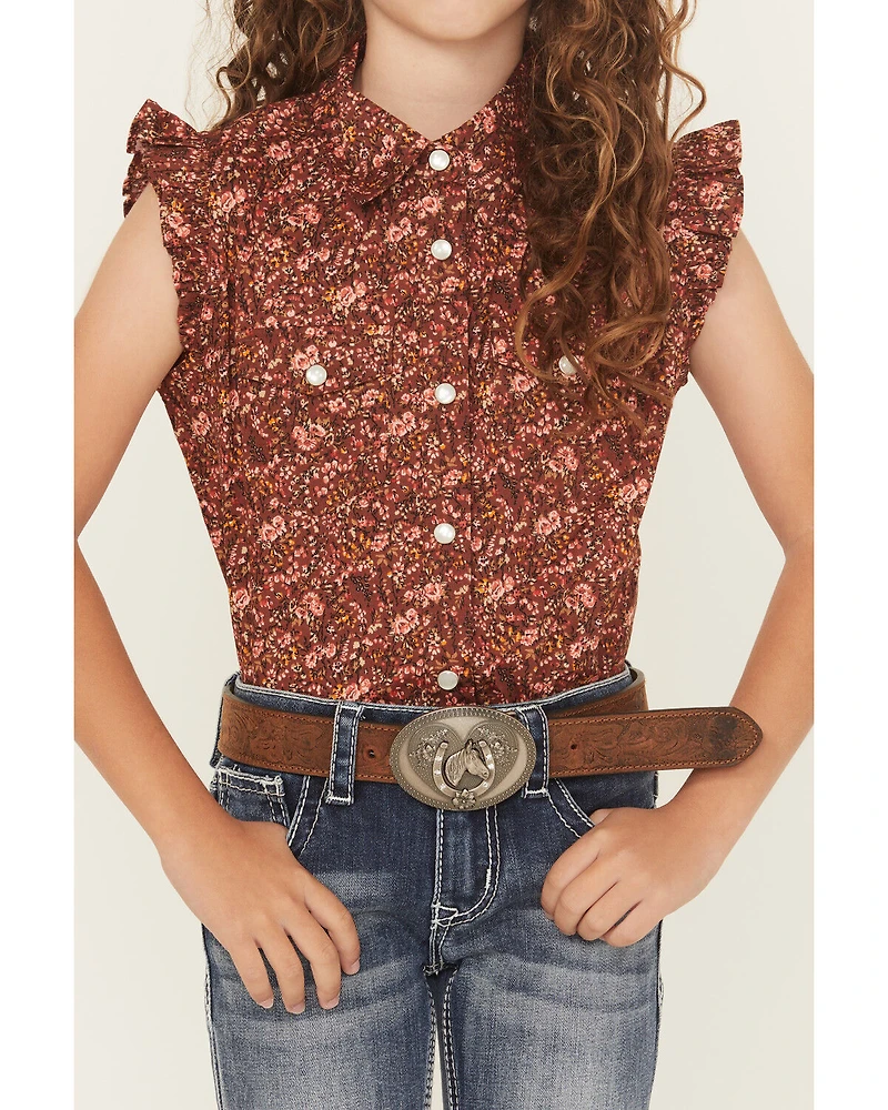 Shyanne Girls' Ditsy Floral Print Ruffle Sleeve Snap Stretch Western Shirt