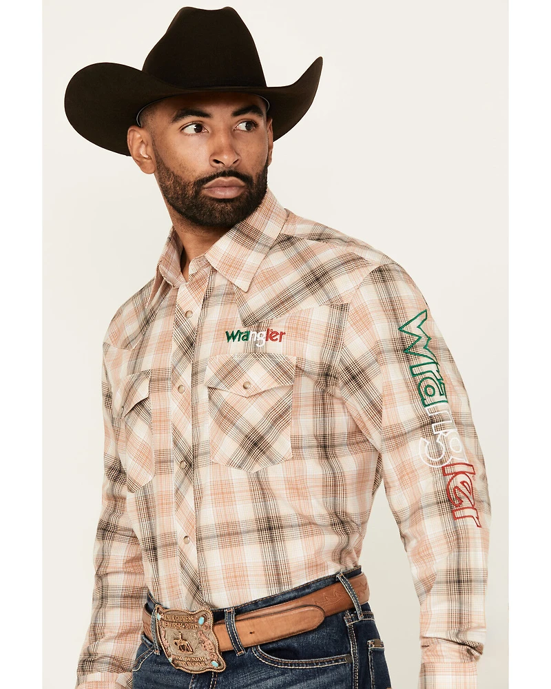 Wrangler Men's Mexico Logo Plaid Print Long Sleeve Snap Western Shirt