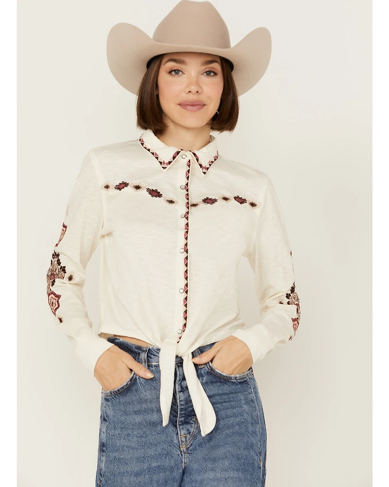 Shyanne Women's Tie-Front Embroidered Long Sleeve Snap Western Shirt