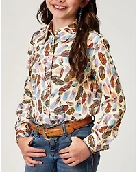 Roper Girls' Feather Print Long Sleeve Snap Western Shirt