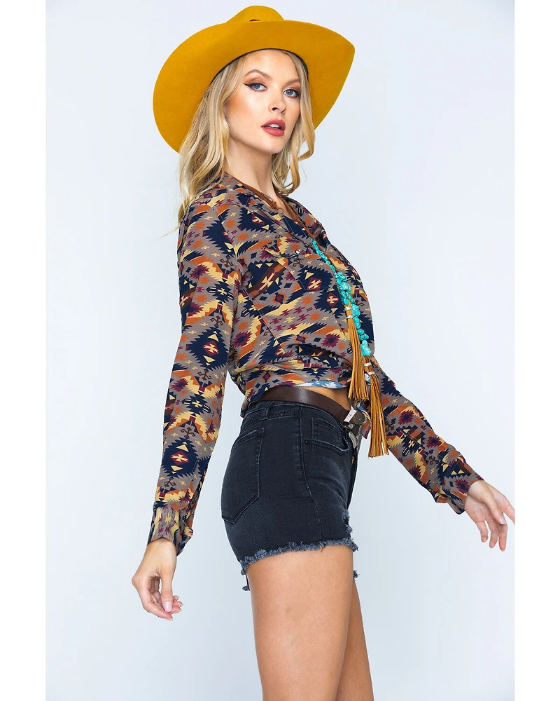 Ryan Michael Women's Aspen Southwestern Silk Print Long Sleeve Pearl Snap Western Shirt
