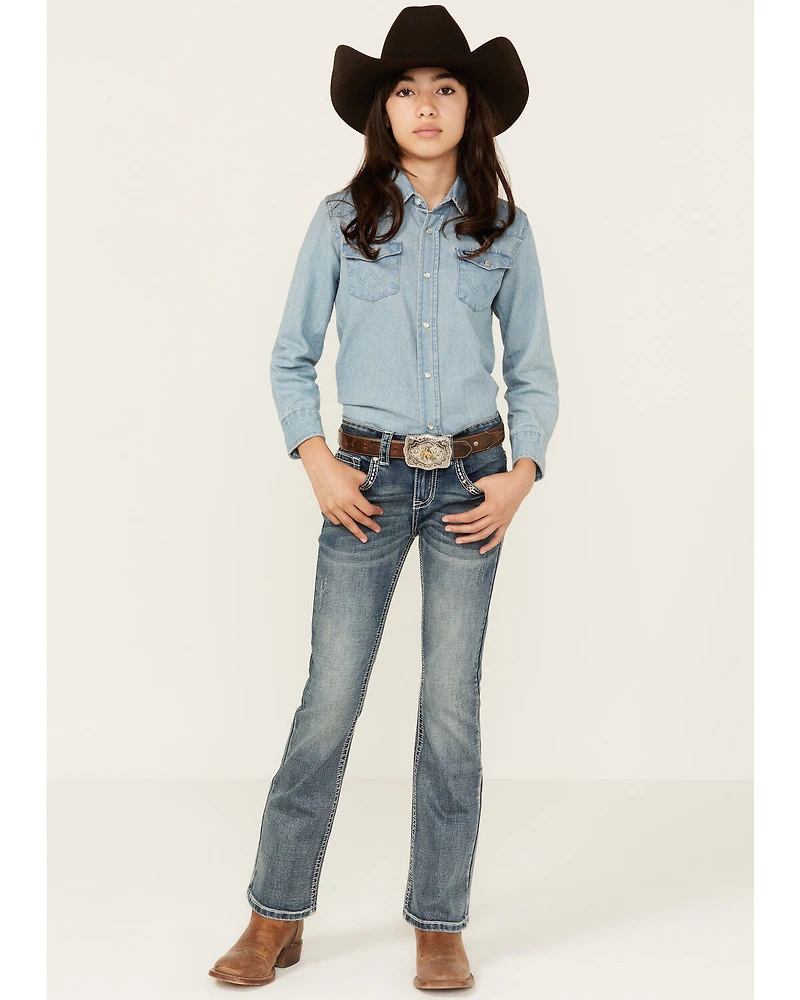 Shyanne Girls' Cowhide Steer Head Light Wash Faded Stretch Bootcut Jeans