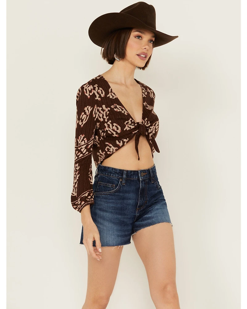 Shyanne Women's Printed Tie Front Long Sleeve Cropped Top