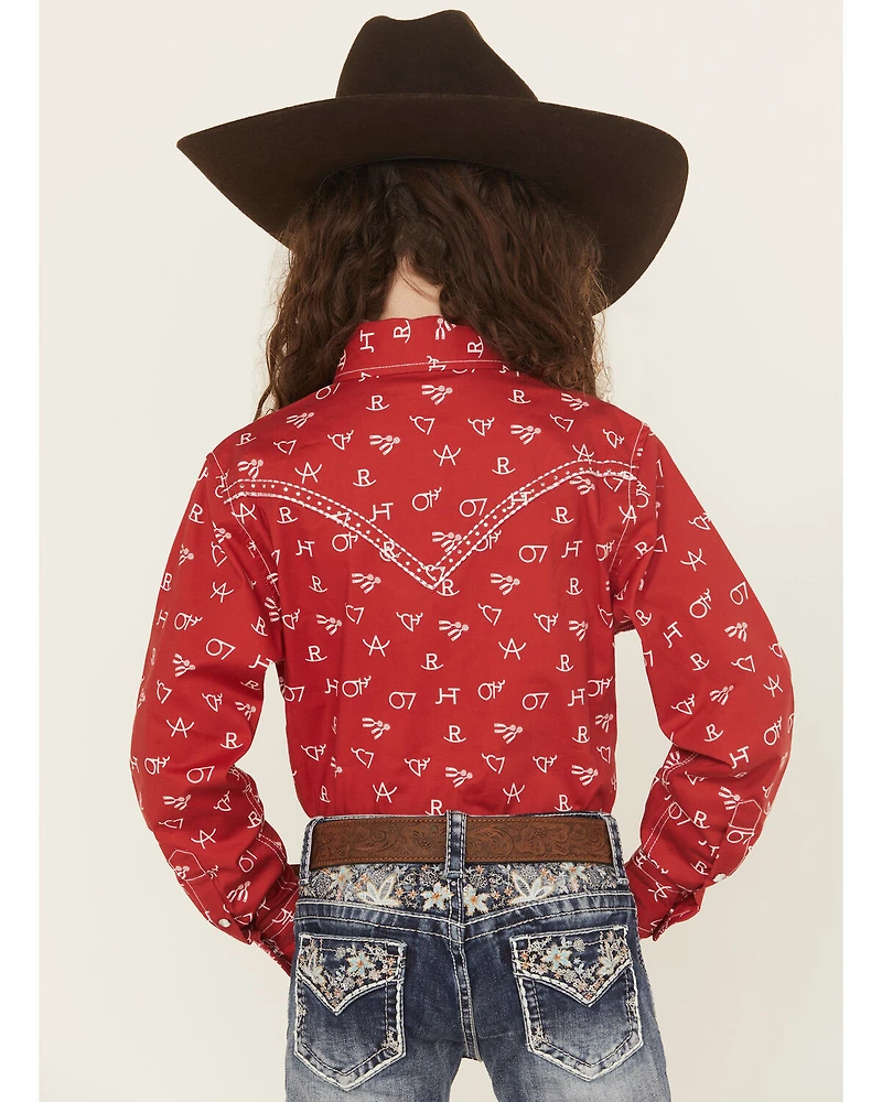Cowgirl Hardware Girls' Brand Iron Print Long Sleeve Snap Stretch Western Shirt