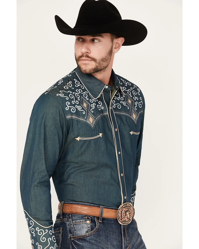 Scully Men's Denim Scroll Embroidered Long Sleeve Pearl Snap Western Shirt