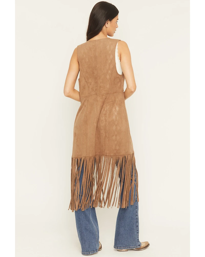 Shyanne Women's Embossed Southwestern Print Fringe Faux Suede Vest