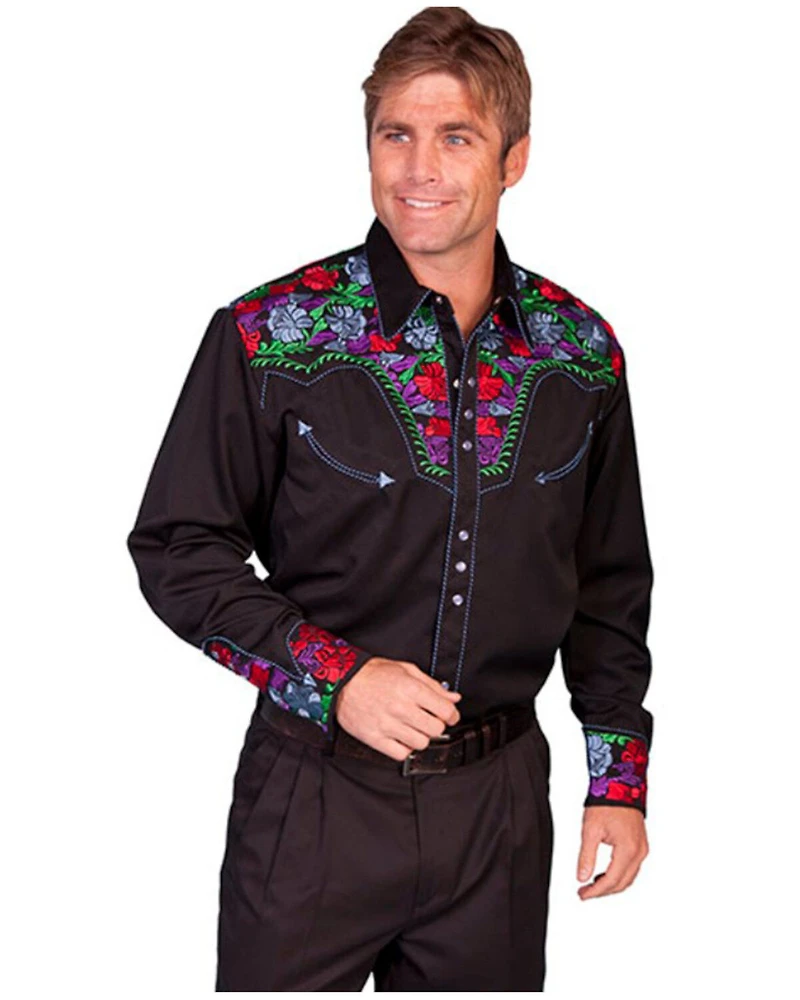 Scully Men's Vibrant Floral Embroidered Retro Long Sleeve Western Shirt