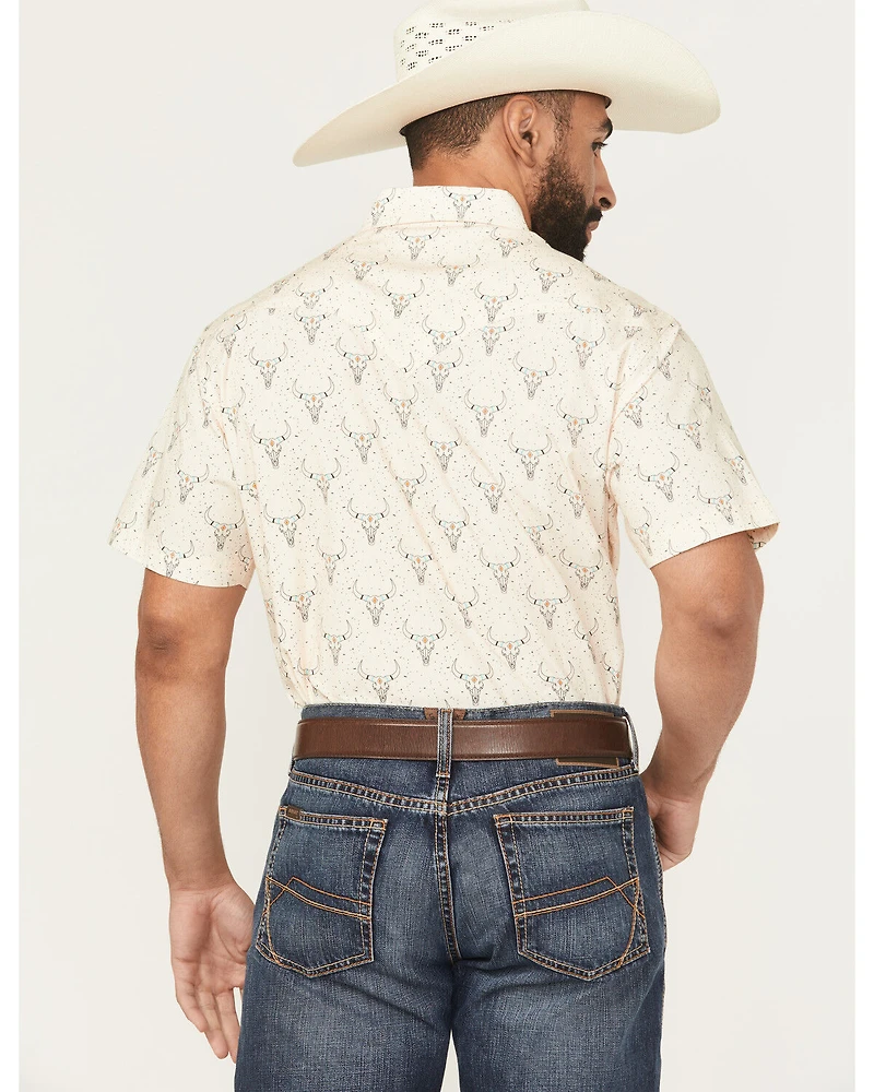 Rock & Roll Denim Men's Dale Drisby Longhorn Print Short Sleeve Snap Stretch Western Shirt