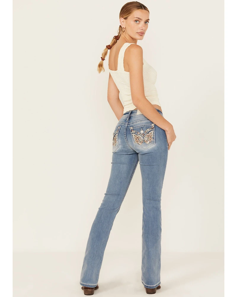Miss Me Women's Light Wash Mid Rise Butterfly Pocket 34" Bootcut Stretch Denim Jeans