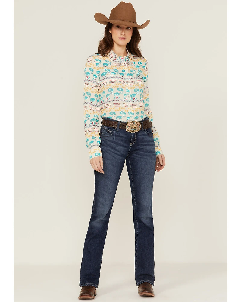 Roper Women's Buffalo Roam Southwestern Print Long Sleeve Pearl Snap Western Shirt