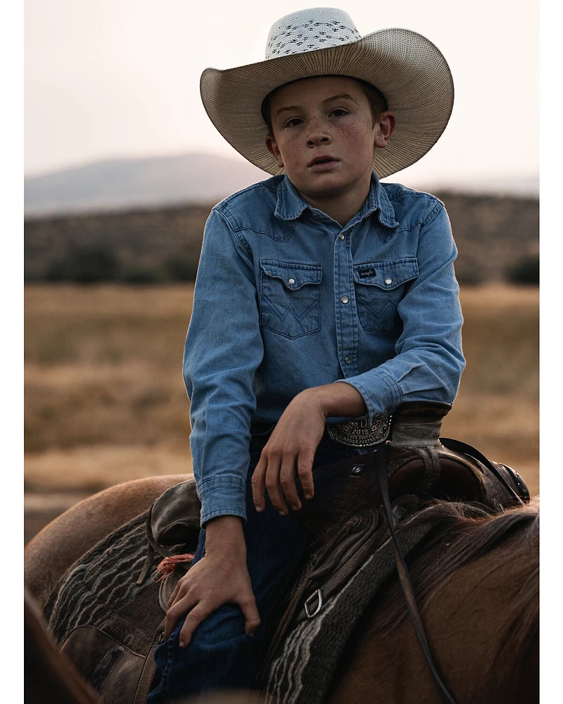 Wrangler Boys' Denim Long Sleeve Snap Western Shirt