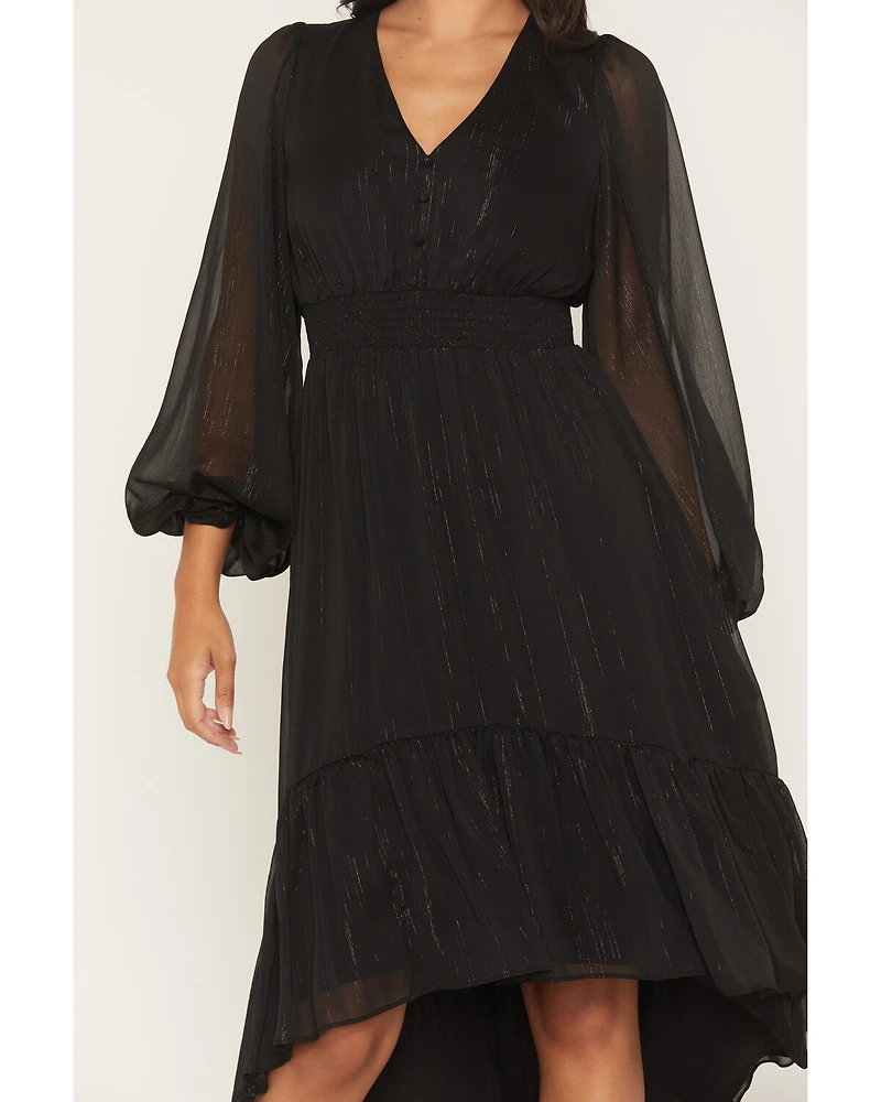 Shyanne Women's Josephine Faux Button-Down Long Sleeve Lurex Midi Dress