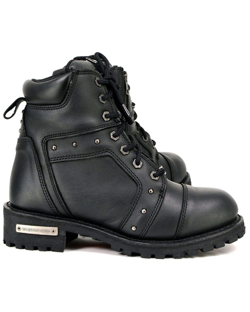Milwaukee Leather Women's Lace-To-Toe Studded Motorcycle Boots - Round Toe