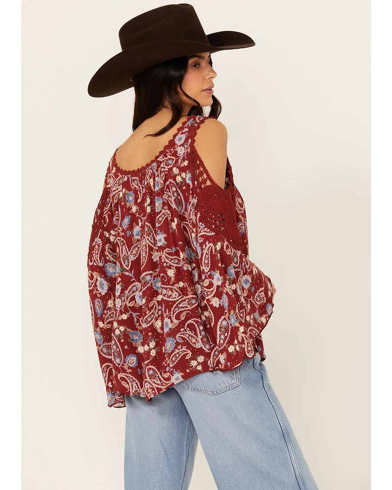 Bila Women's Floral Print Long Sleeve Cold Shoulder Shirt
