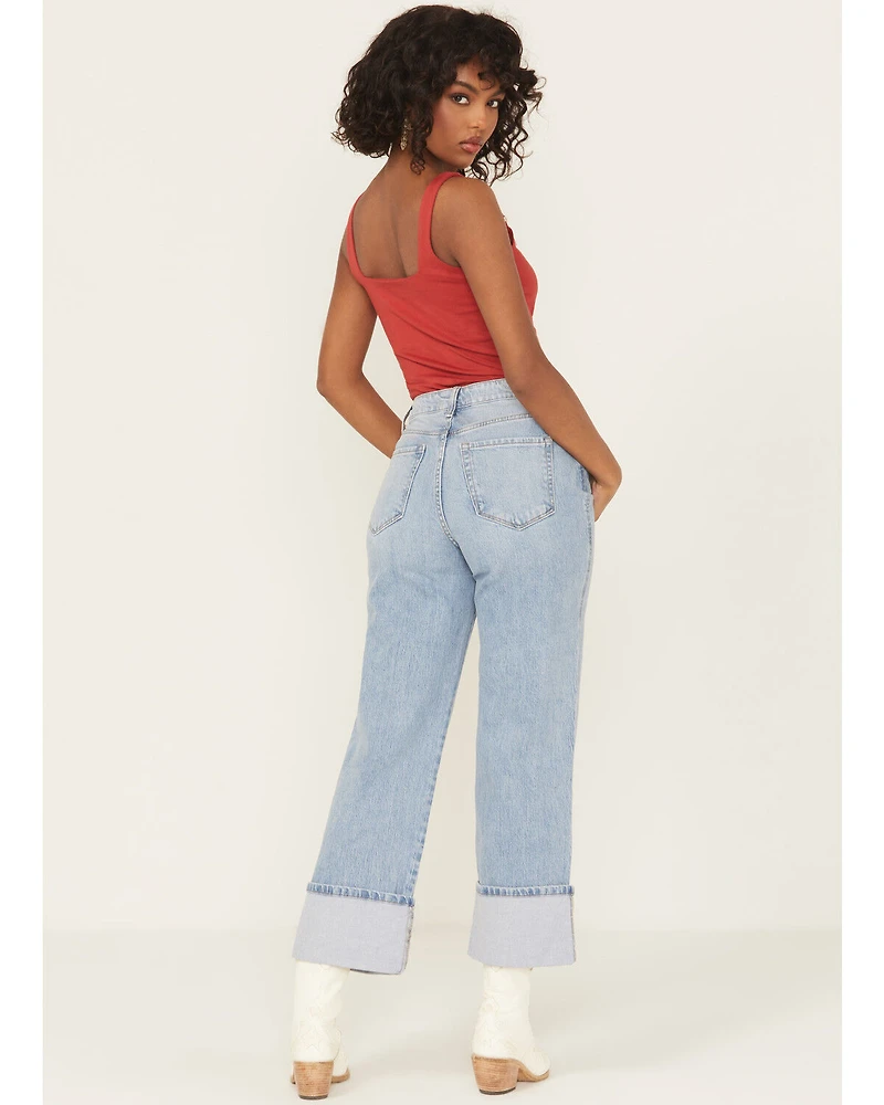 Vervet by Flying Monkey Women's Medium Wash Super High Rise Cuffed Cropped Baggy Straight Stretch Denim Jeans