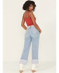 Vervet by Flying Monkey Women's Medium Wash Super High Rise Cuffed Cropped Baggy Straight Stretch Denim Jeans
