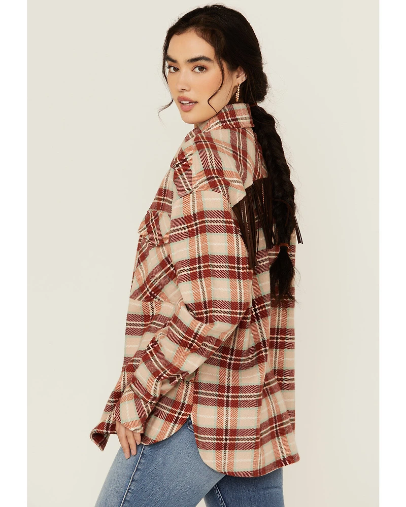 Rock & Roll Denim Women's Plaid Print Fringe Snap Shacket