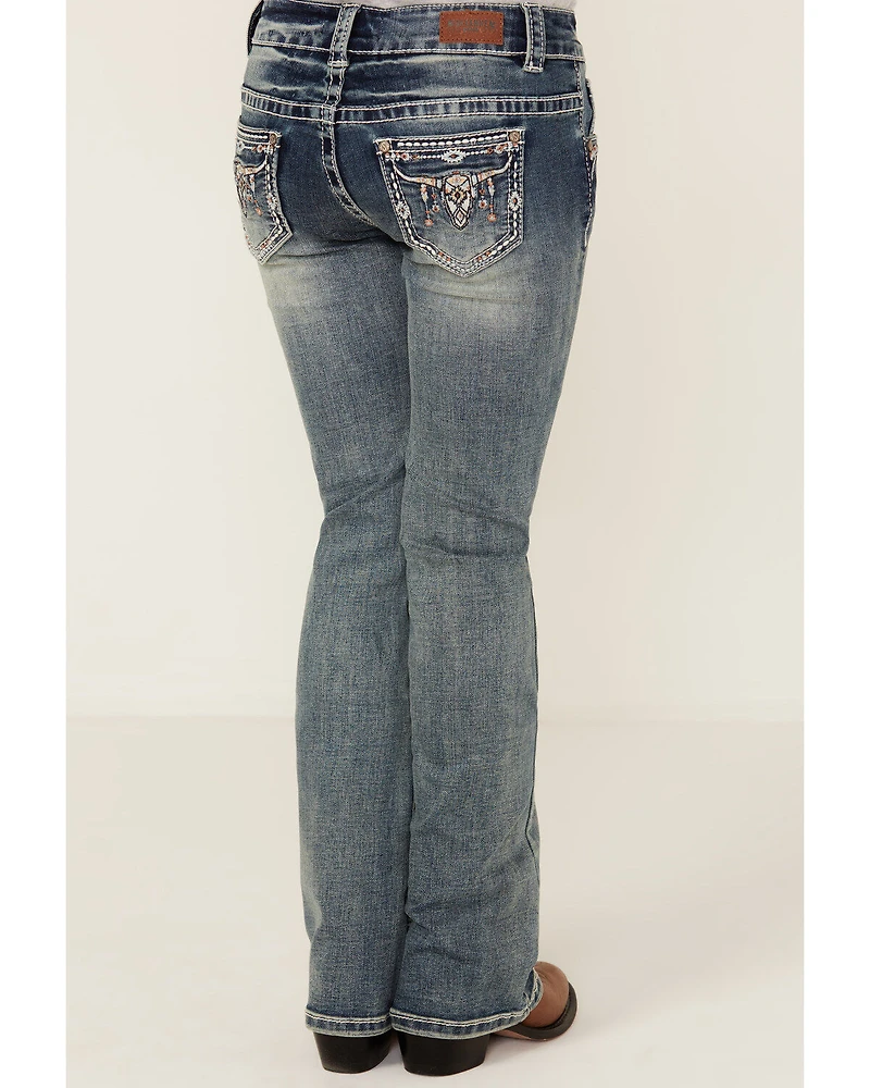Shyanne Girls' Light Wash Steer Head Pocket Bootcut Stretch Denim Jeans