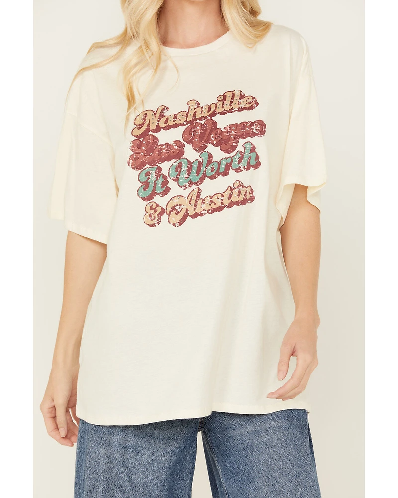 Rock & Roll Denim Women's Embellished City Names Short Sleeve Graphic Tee