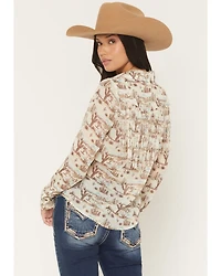 Shyanne Women's Mckean Desert Print Long Sleeve Fringe Button-Down Chiffon Western Shirt