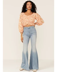 Flying Tomato Women's Criss Cross Smocked Long Sleeve Crop Top