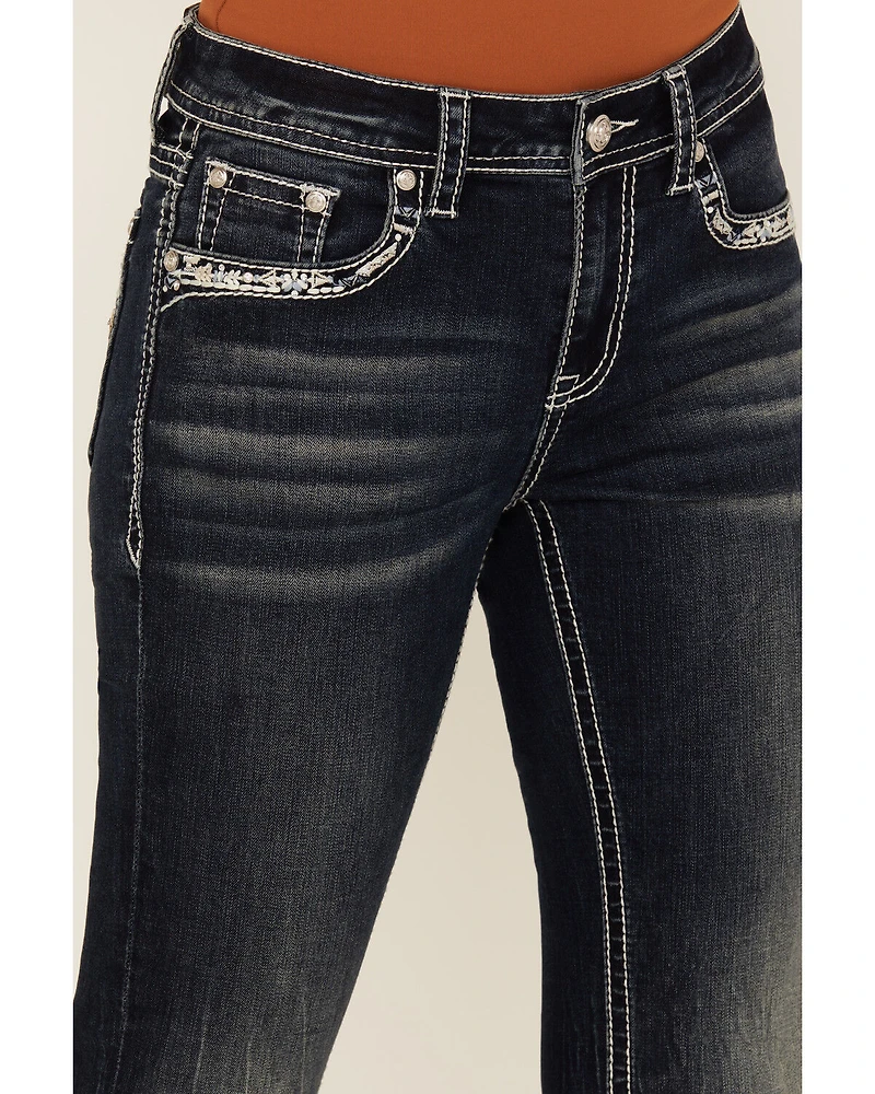 Grace LA Women's Dark Wash Geo Print Embroidered Mid Rise Bootcut Stretch Denim Jeans