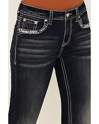 Grace LA Women's Dark Wash Geo Print Embroidered Mid Rise Bootcut Stretch Denim Jeans