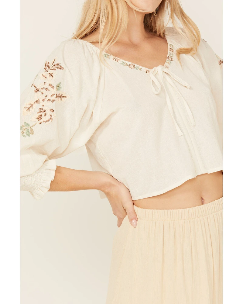 Shyanne Women's Embellished Tie Front Peasant Top