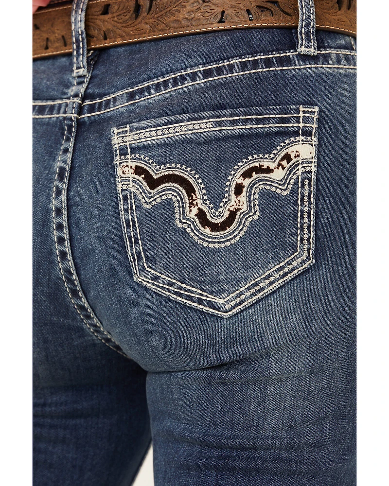 Rock & Roll Denim Women's Medium Wash Mid Rise Cowhide Pocket Bootcut Stretch Jeans