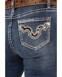 Rock & Roll Denim Women's Medium Wash Mid Rise Cowhide Pocket Bootcut Stretch Jeans