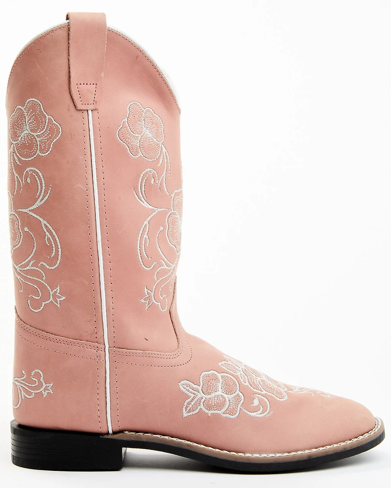 Shyanne Girls' Little Lasy Floral Embroidered Leather Western Boots - Broad Square Toe