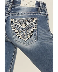 Miss Me Women's Dark Wash Mid Rise Patchwork Flap 32" Bootcut Stretch Denim Jeans