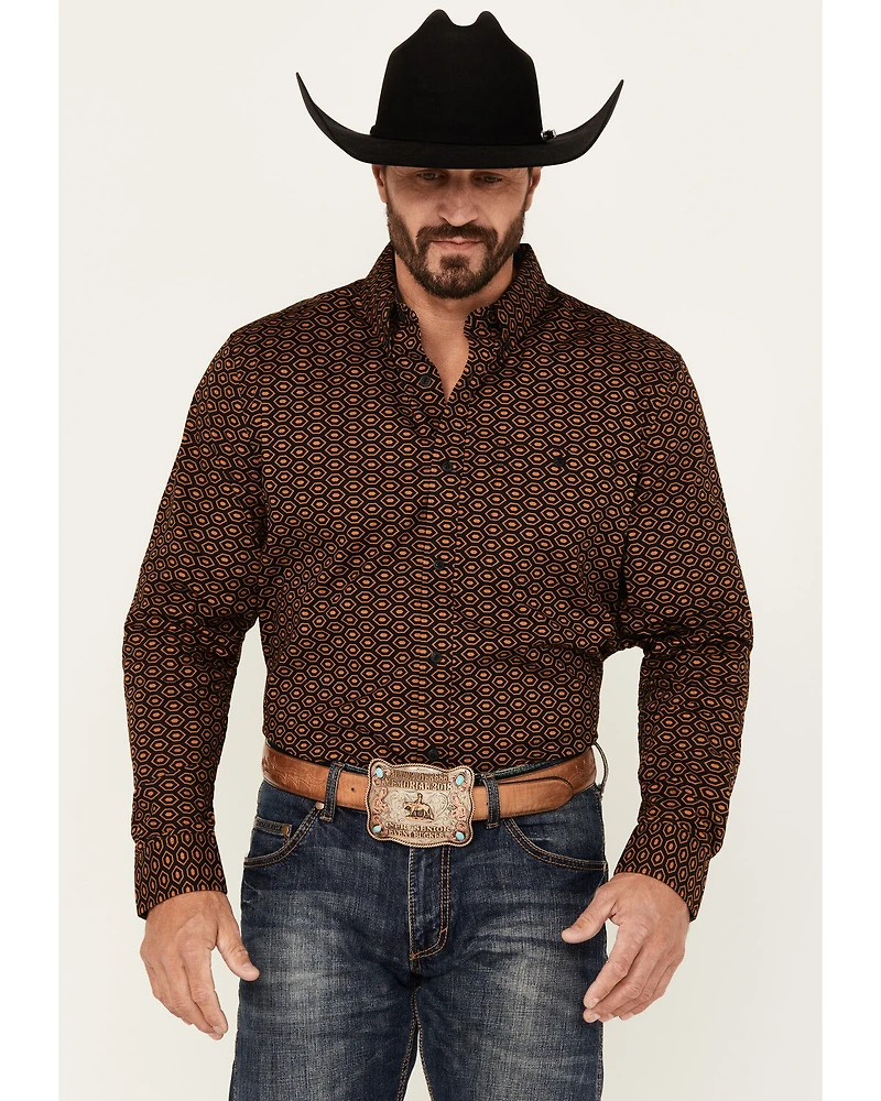 RANK 45® Men's Trench Jacquard Geo Print Long Sleeve Button-Down Stretch Western Shirt