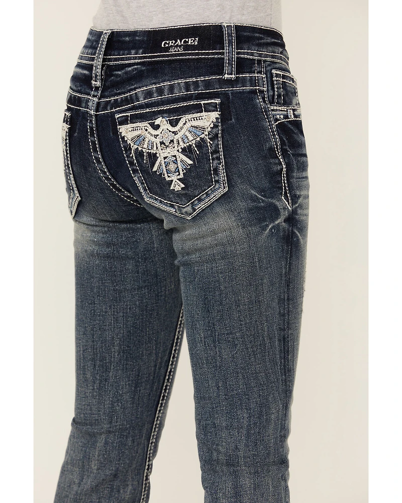 Grace LA Girls' Medium Wash Thunderbird Pocket Bootcut Stretch Denim Jeans