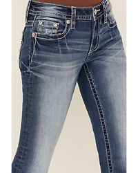 Miss Me Women's Medium Wash Mid Rise Winged Pocket 34" Bootcut Stretch Denim Jeans