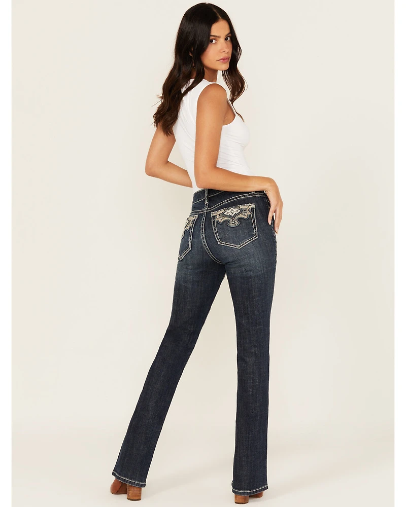 Rock & Roll Denim Women's Dark Wash Mid Rise Scallop Embroidered Bootcut Stretch Jeans