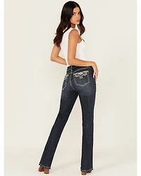 Rock & Roll Denim Women's Dark Wash Mid Rise Scallop Embroidered Bootcut Stretch Jeans