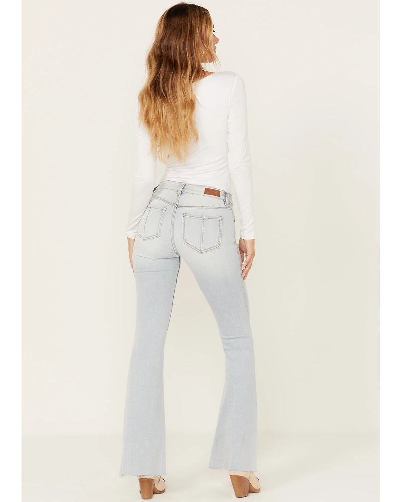 Shyanne Women's Agave Light Wash Mid Rise Destructed Stretch Flare Jeans