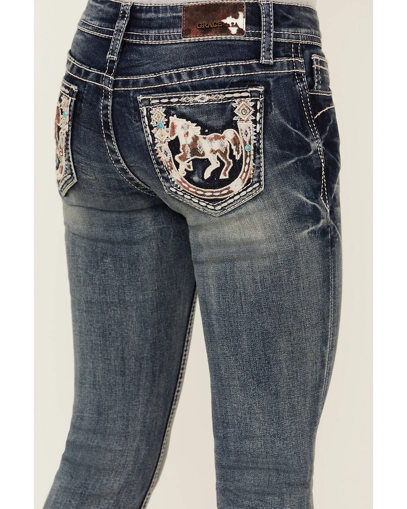 Grace LA Girls' Medium Wash Horse Patch Pocket Bootcut Stretch Denim Jeans