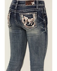 Grace LA Girls' Medium Wash Horse Patch Pocket Bootcut Stretch Denim Jeans