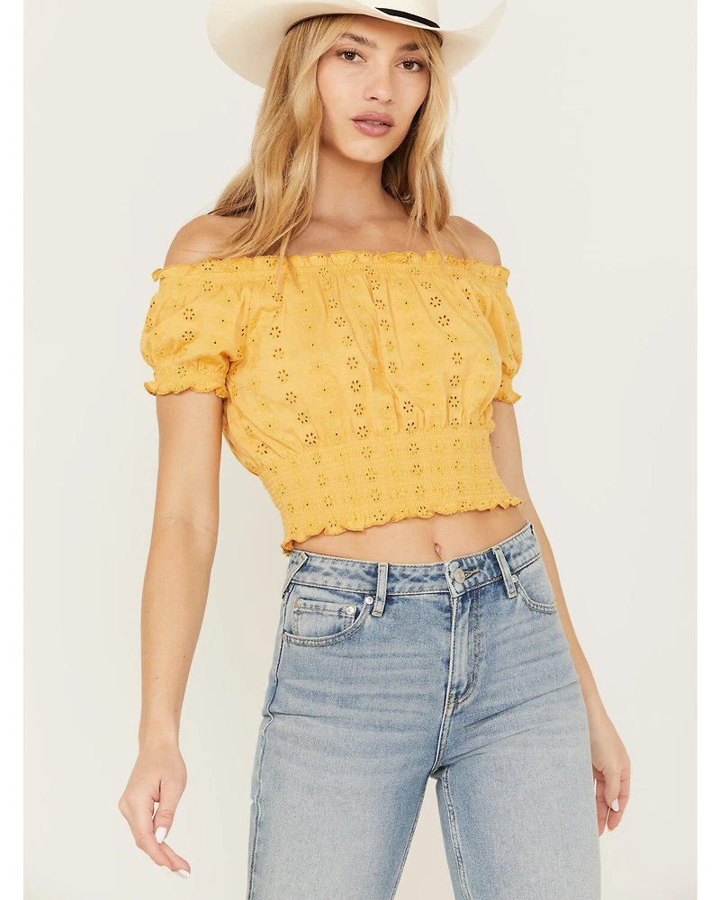 Cleo + Wolf Women's Knit Eyelet Smocked Crop Top