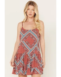 Rock & Roll Denim Women's Bandana Print Tiered Sleeveless Mini Dress