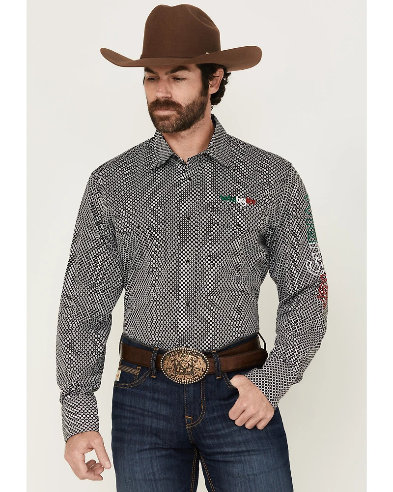 Wrangler Men's Mexico Logo Embroidered Geo Print Long Sleeve Snap Western Shirt