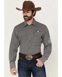 Wrangler Men's Mexico Logo Embroidered Geo Print Long Sleeve Snap Western Shirt