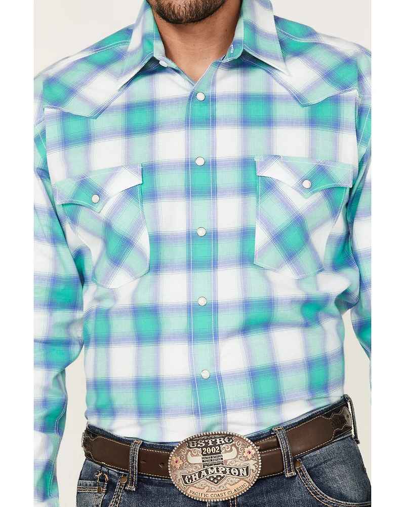 Rough Stock By Panhandle Men's Stretch Ombre Plaid Long Sleeve Pearl Snap Western Shirt